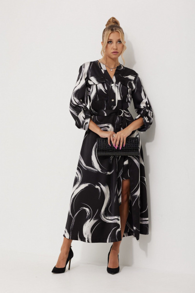 Платье миди из текстильного атласа с двойной юбкой AMUARt 1019-1 черно-белый - фото 7