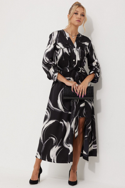 Платье миди из текстильного атласа с двойной юбкой AMUARt 1019-1 черно-белый - фото 5