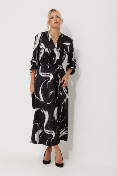 Платье миди из текстильного атласа с двойной юбкой AMUARt 1019-1 черно-белый - фото 4