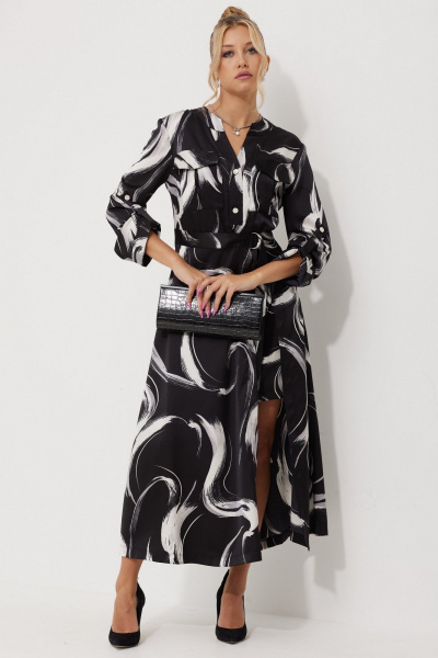Платье миди из текстильного атласа с двойной юбкой AMUARt 1019-1 черно-белый - фото 2