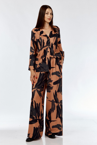 Костюм из тканей: прямая рубашка и палаццо брюки с резинкой SMilaLine М-2406 черно-рыжий(принт) - фото 6