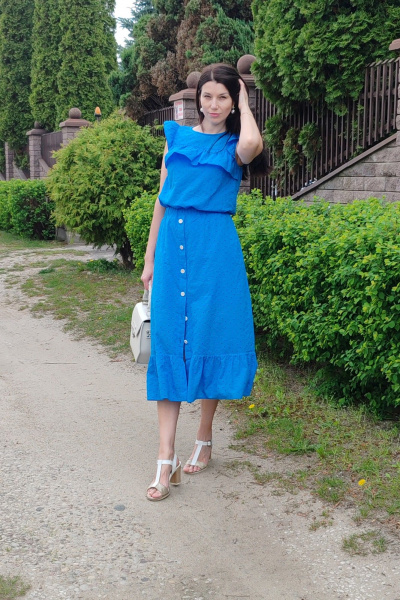 Блуза из хлопка и ришелье с воланами и карманами SMilaLine М-2407/2 василек - фото 1