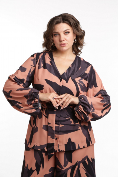 Костюм 2-ка из текстиля: рубашка и брюки палаццо с накладными карманами SMilaLine М-2410 черно-рыжий(принт) - фото 5