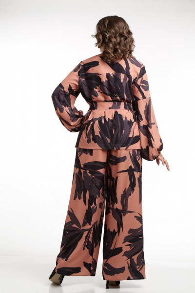 Костюм 2-ка из текстиля: рубашка и брюки палаццо с накладными карманами SMilaLine М-2410 черно-рыжий(принт) - фото 4