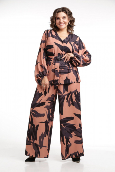 Костюм 2-ка из текстиля: рубашка и брюки палаццо с накладными карманами SMilaLine М-2410 черно-рыжий(принт) - фото 1