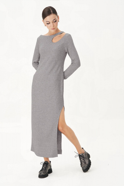 Платье трикотажное с каплей и эффектным разрезом Fantazia Mod 4906 серый - фото 1