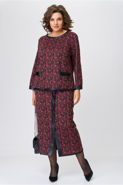 Юбочный комплект из вискозного трикотажа: джемпер и макси юбка Michel chic 1394 шоколад+фуксия - фото 1