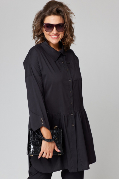 Черная блуза из хлопкового текстиля с пуговицами и разрезами EVA GRANT 7068-1 черный - фото 15