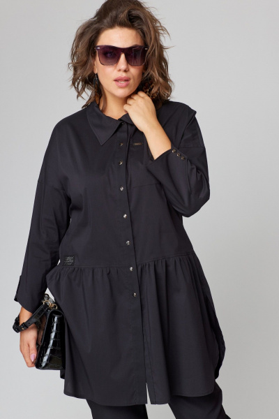 Черная блуза из хлопкового текстиля с пуговицами и разрезами EVA GRANT 7068-1 черный - фото 14