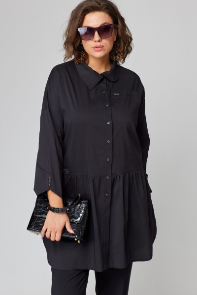 Черная блуза из хлопкового текстиля с пуговицами и разрезами EVA GRANT 7068-1 черный - фото 13