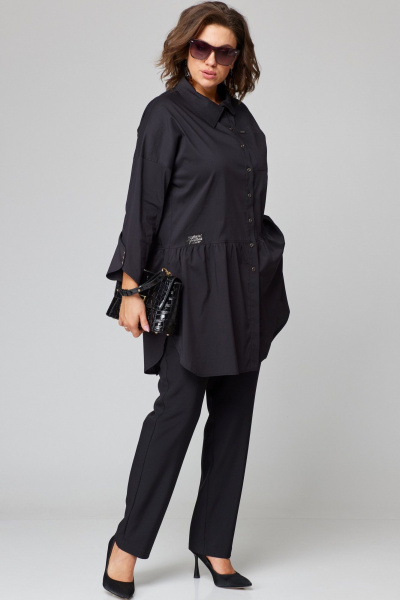 Черная блуза из хлопкового текстиля с пуговицами и разрезами EVA GRANT 7068-1 черный - фото 10