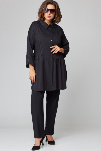 Черная блуза из хлопкового текстиля с пуговицами и разрезами EVA GRANT 7068-1 черный - фото 9