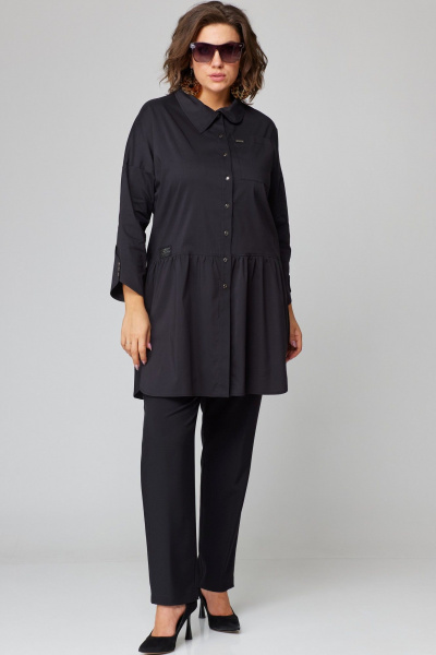 Черная блуза из хлопкового текстиля с пуговицами и разрезами EVA GRANT 7068-1 черный - фото 8