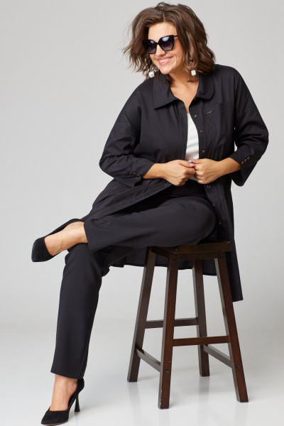 Черная блуза из хлопкового текстиля с пуговицами и разрезами EVA GRANT 7068-1 черный - фото 6