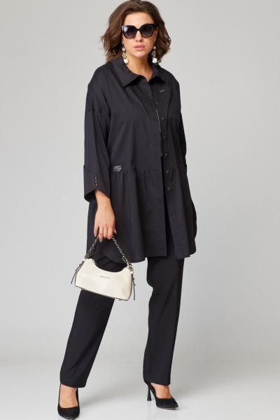 Черная блуза из хлопкового текстиля с пуговицами и разрезами EVA GRANT 7068-1 черный - фото 5