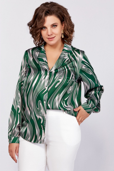 Зеленая блуза из вискозы с воротником пиджачного типа и сборками Swallow 783 зеленый/бежевые_разводы - фото 13