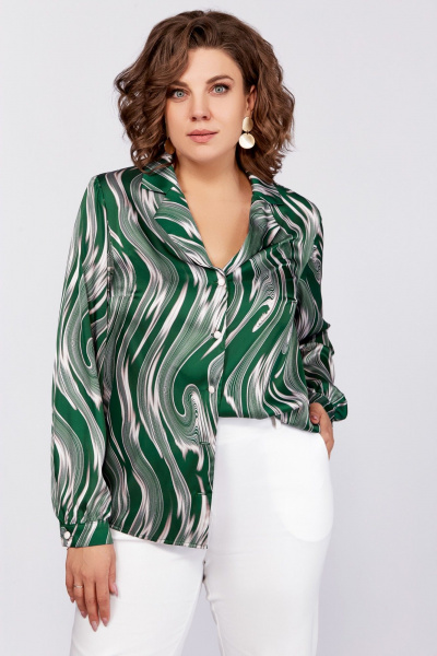 Зеленая блуза из вискозы с воротником пиджачного типа и сборками Swallow 783 зеленый/бежевые_разводы - фото 12