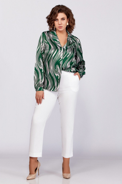 Зеленая блуза из вискозы с воротником пиджачного типа и сборками Swallow 783 зеленый/бежевые_разводы - фото 10