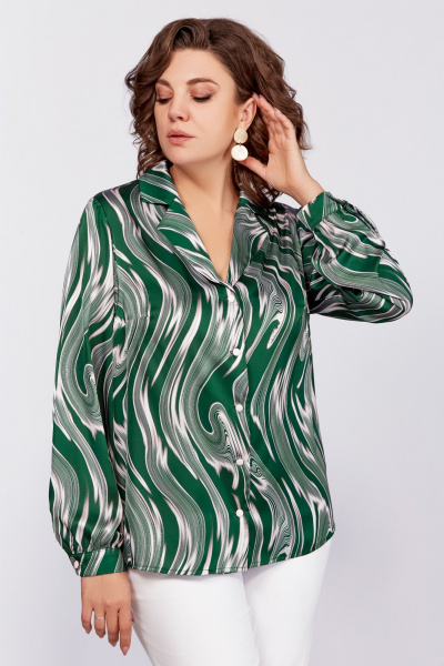 Зеленая блуза из вискозы с воротником пиджачного типа и сборками Swallow 783 зеленый/бежевые_разводы - фото 9