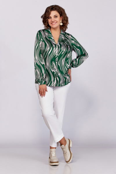 Зеленая блуза из вискозы с воротником пиджачного типа и сборками Swallow 783 зеленый/бежевые_разводы - фото 3