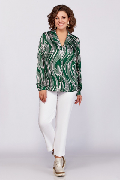 Зеленая блуза из вискозы с воротником пиджачного типа и сборками Swallow 783 зеленый/бежевые_разводы - фото 1