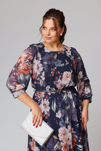 Демисезонное платье из шифона с по косой юбкой и поясом Slaviaelit 534-1 синий+пудра_цветы - фото 3