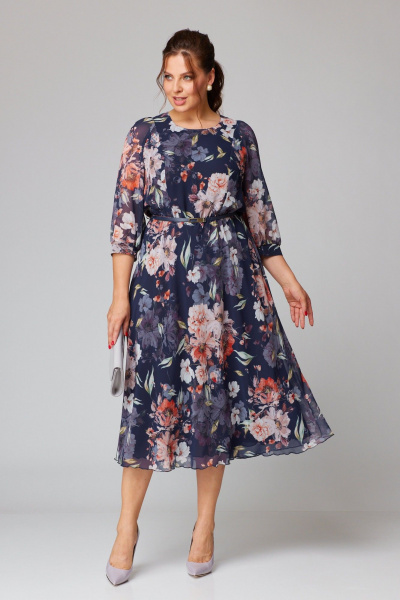 Демисезонное платье из шифона с по косой юбкой и поясом Slaviaelit 534-1 синий+пудра_цветы - фото 2