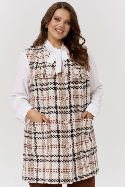 Удлиненный жилет из рогожки с карманами OVERYOU М154/1 бежевый-орех - фото 7