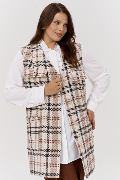 Удлиненный жилет из рогожки с карманами OVERYOU М154/1 бежевый-орех - фото 6