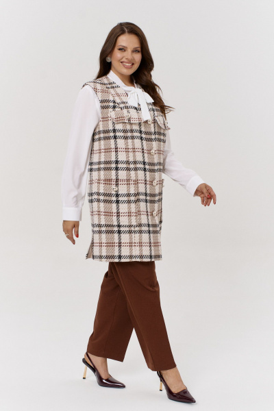 Удлиненный жилет из рогожки с карманами OVERYOU М154/1 бежевый-орех - фото 3