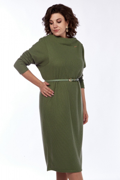 Платье из трикотажа с разрезом и съемным поясом Диомант 2005 хаки - фото 3