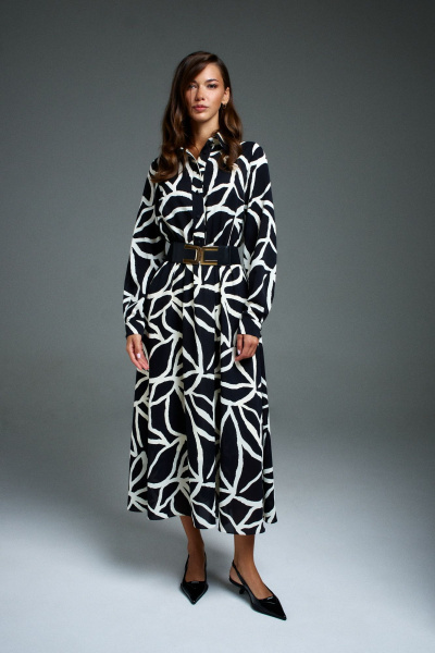 Деловое приталенное платье с поясом и длинным рукавом DILIA 0897 мультидизайн - фото 1