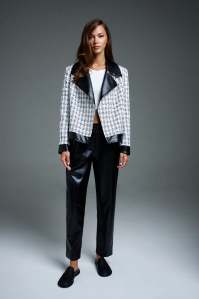 Жакет укороченный двубортный из текстиля и экокожи DILIA 0901 мультидизайн - фото 2