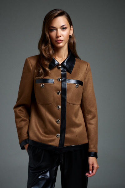 Жакет прямого силуэта из текстиля с экокожей и воротником пиджачного типа DILIA 0906 коричневый - фото 3