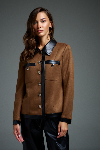 Жакет прямого силуэта из текстиля с экокожей и воротником пиджачного типа DILIA 0906 коричневый - фото 2