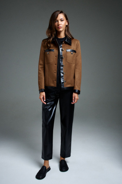 Жакет прямого силуэта из текстиля с экокожей и воротником пиджачного типа DILIA 0906 коричневый - фото 1