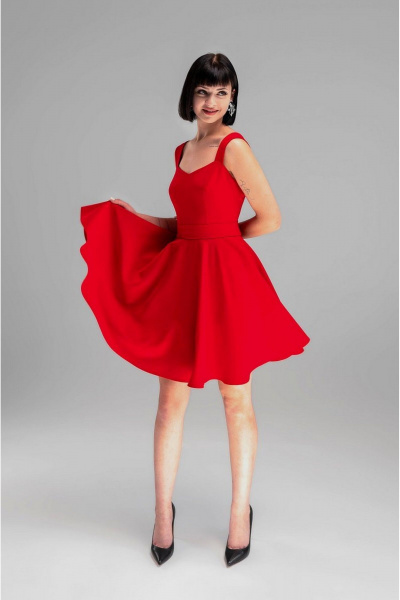 Коктейльное короткое платье на широких бретелях с полусолнцем AVEEVA 5202 красный - фото 1