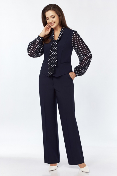 Синий деловой костюм-двойка из текста с жилетом и блузкой БагираАнТа 970 - фото 3