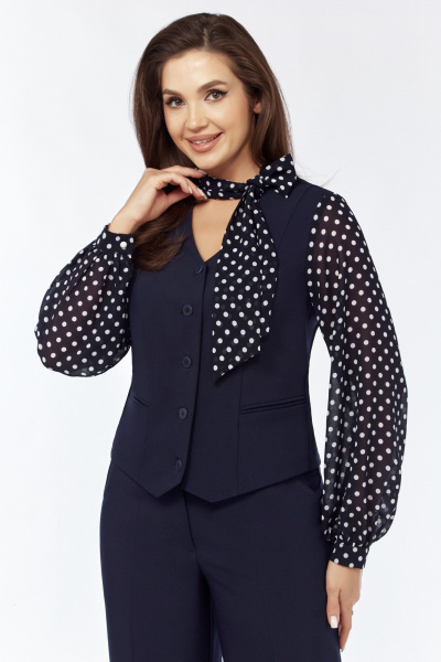 Синий деловой костюм-двойка из текста с жилетом и блузкой БагираАнТа 970 - фото 2