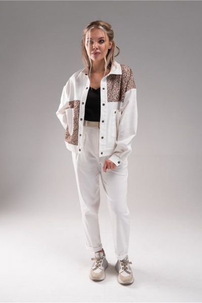 Джинсовая куртка молочная с леопардовыми отделками AVEEVA 5471 молочный - фото 1