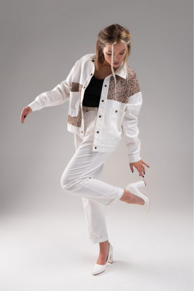 Джинсовая куртка молочная с леопардовыми отделками AVEEVA 5471 молочный - фото 3