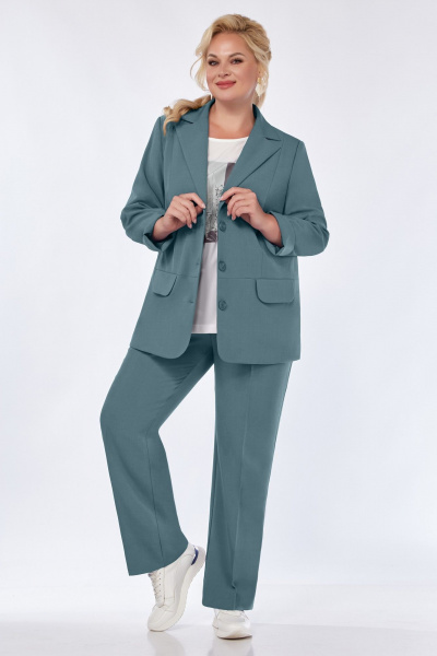 Трехпредметный женский костюм из текстиля с жакетом и брюками БагираАнТа 929 серо-мятный - фото 4