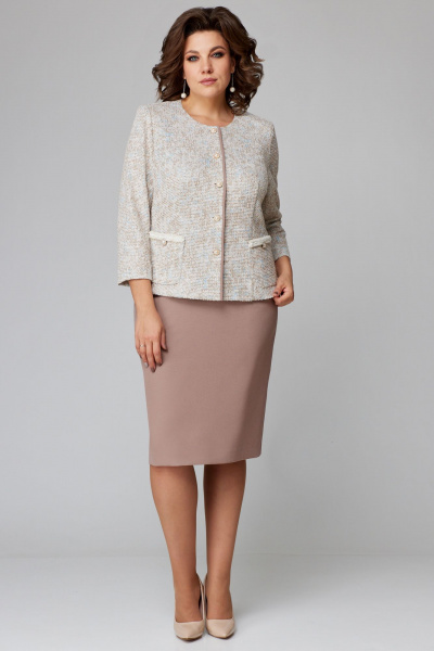 Голубой комплект из жакета и юбки с притачным поясом Мишель стиль 1216 бежево-голубой - фото 10