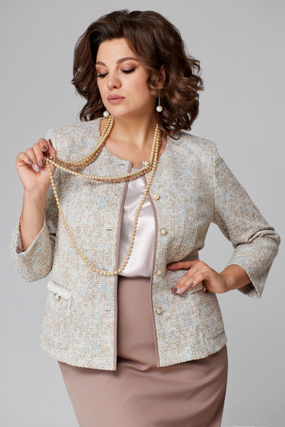 Голубой комплект из жакета и юбки с притачным поясом Мишель стиль 1216 бежево-голубой - фото 6