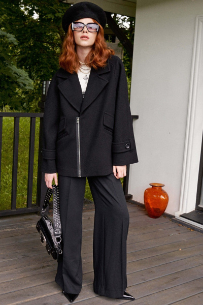 Демисезонное черное пальто свободного кроя из пальтовой ткани Lokka 1489 - фото 2