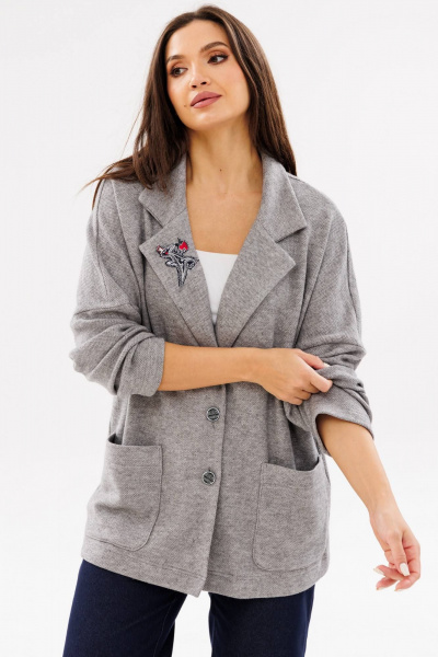 Женский трикотажный кардиган с воротником и накладными карманами Ma Сherie 1107 серый_меланж - фото 10