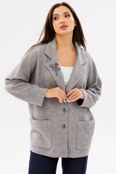 Женский трикотажный кардиган с воротником и накладными карманами Ma Сherie 1107 серый_меланж - фото 7