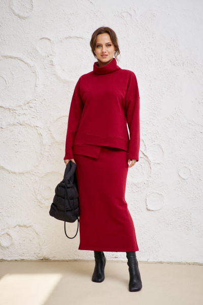 Спортивный трикотажный костюм из джемпера и юбки для повседневности Anastasia 1050.2 бордо - фото 1