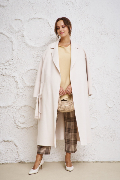 Бежевый комплект из блузы и брюк из текстиля и трикотажа Anastasia 1157 песок/клетка - фото 10