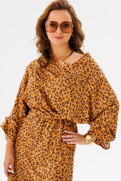 Костюм женский: блузка и миди юбка с принтом и защипами Anastasia 1158 золото(анималистический_принт) - фото 6